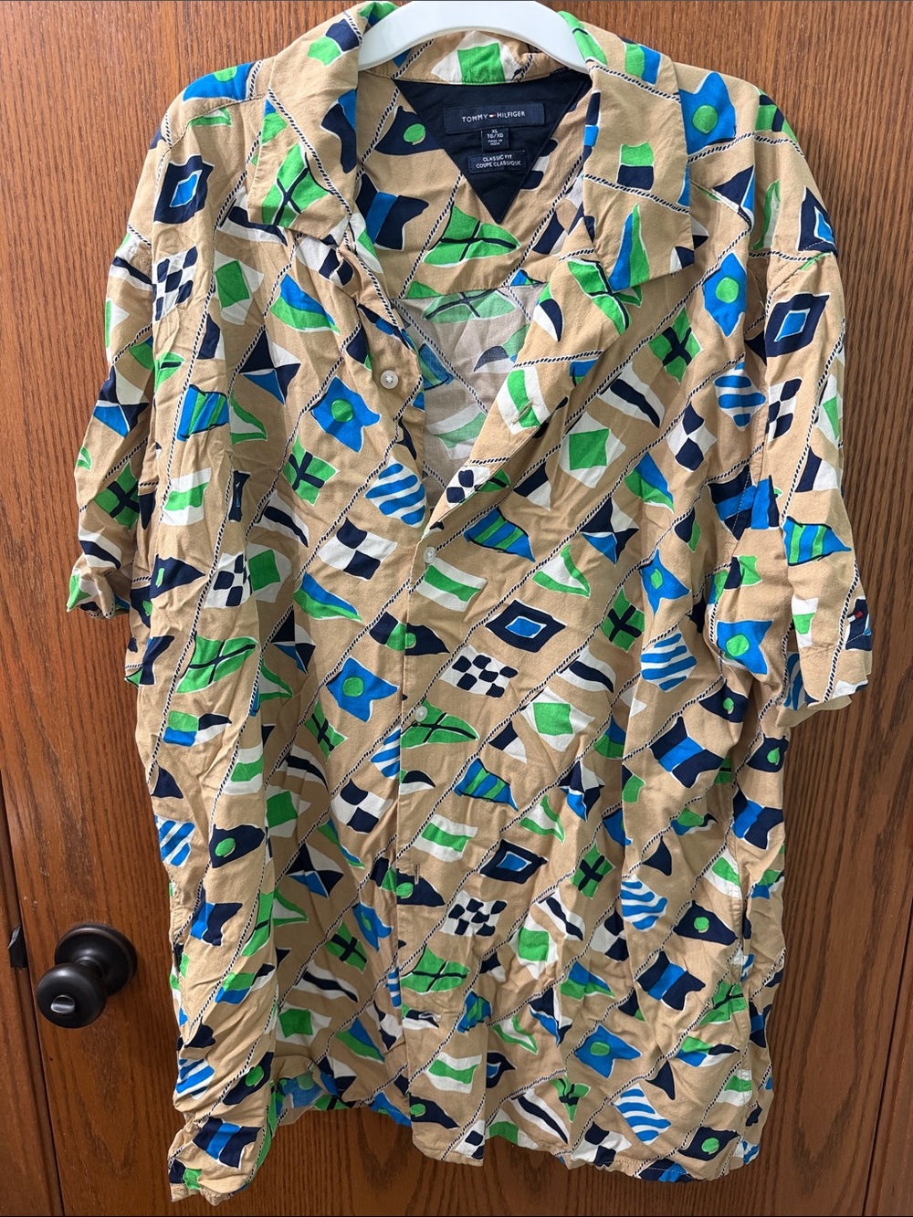 Tommy Hilfiger Beige Short-Sleeve Button-Down with Blue & Green Geometric Print